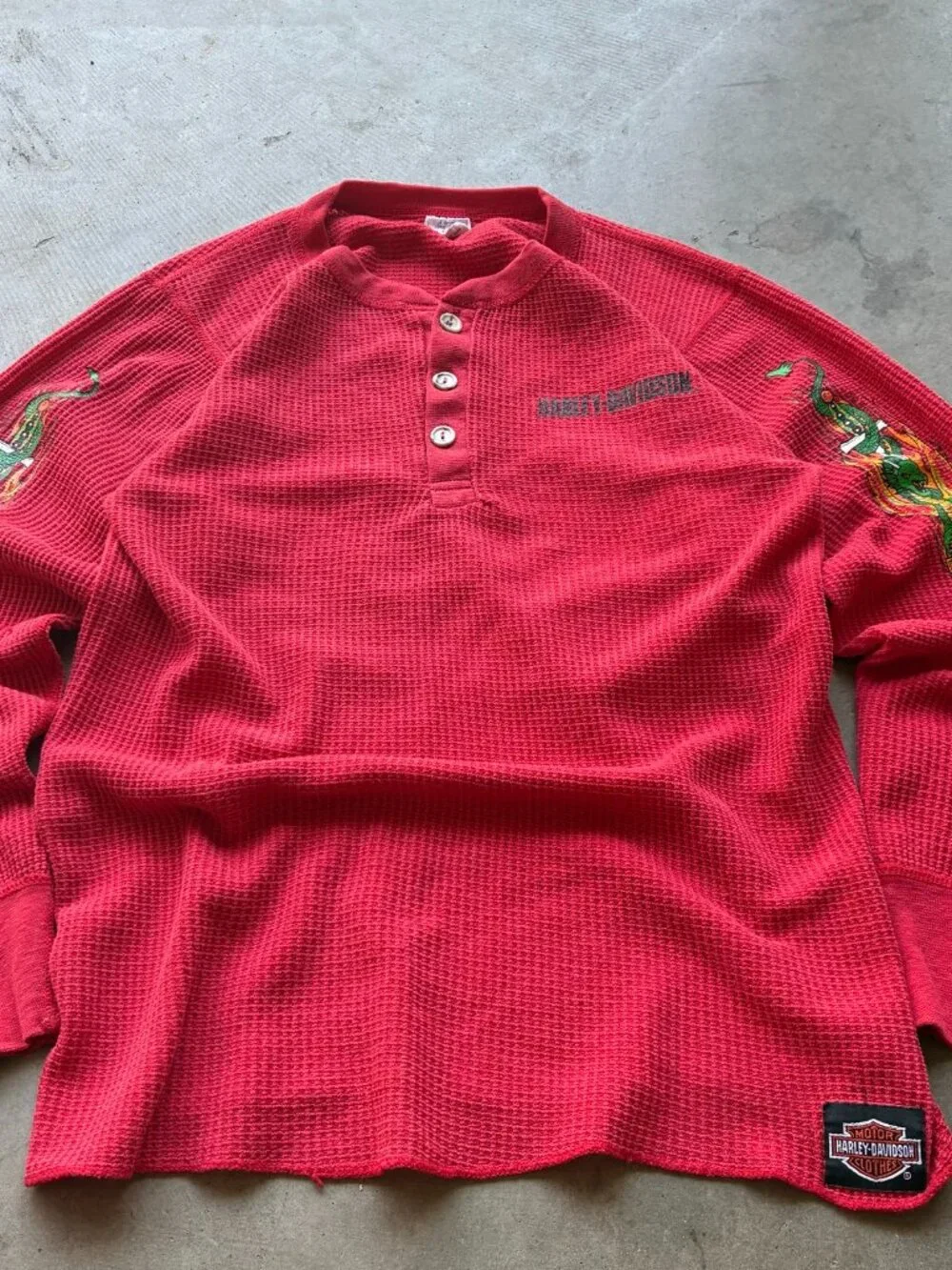 Vintage 70s Harley-Davidson Dragon Sleeve Red Waffle Thermal Henley